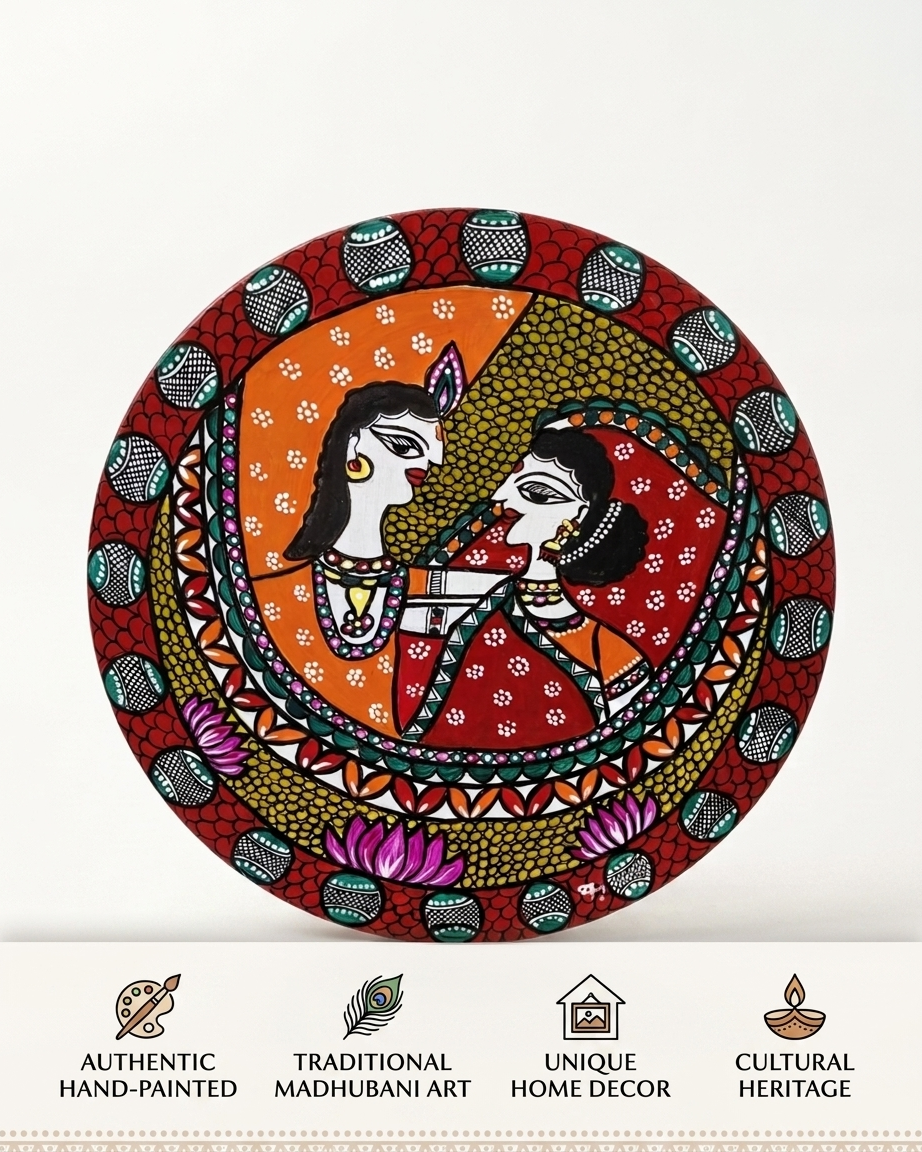 Krishna and Radha Madhubani Wall Art on MDF Board – Handmade Mithila Painting for Home Décor