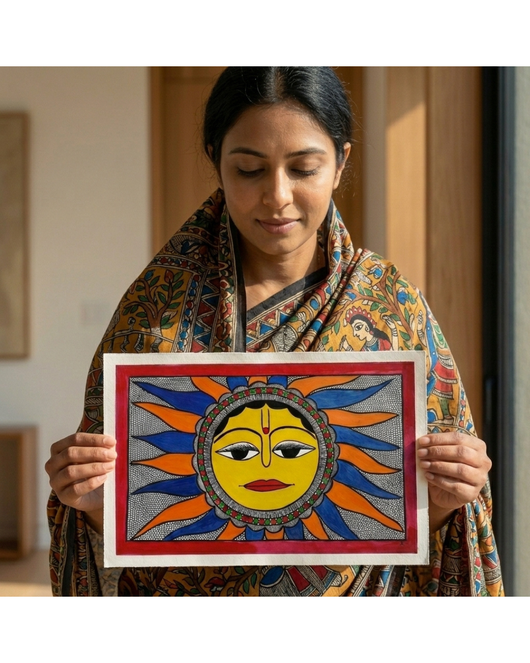 Sun Madhubani Painting on Handmade Paper (14x22 Inch) – Traditional Mithila Folk Art Wall Decor