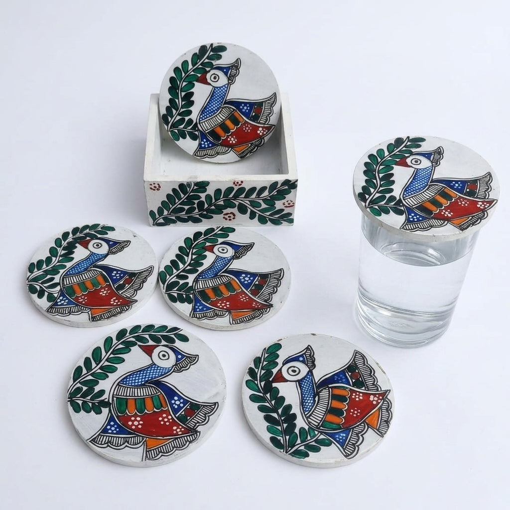 Handmade Peacock Design Coaster Set Madhubani Painting with Stand | Set of 6 Tea Coasters