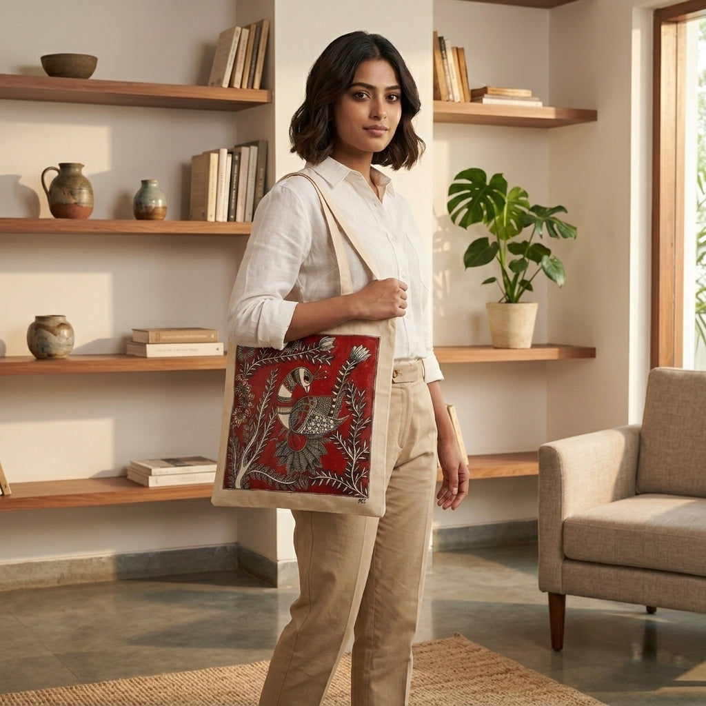 Madhubani Painting Tote Bag – Handmade  Ethnic Art Carry Bag for Daily Use