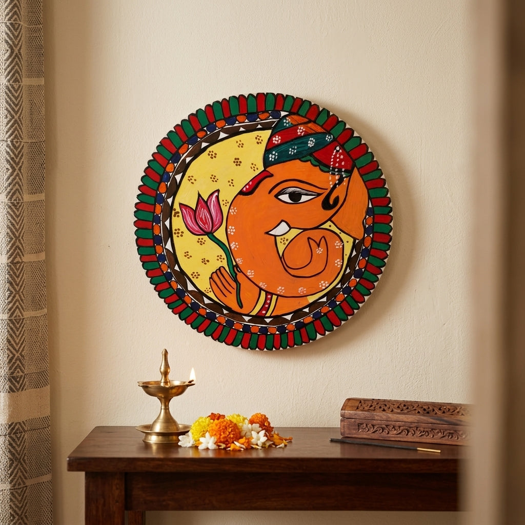 Handmade Ganesha Madhubani Painting Wall Art MDF Board – Traditional Mithila Art Home Decor