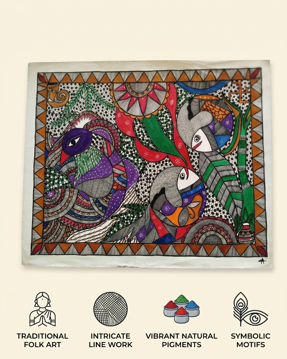 Fish and Peacock Madhubani Painting Handmade Paper Wall Art Without Frame