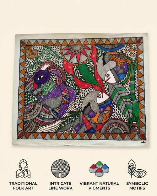 Fish and Peacock Madhubani Painting Handmade Paper Wall Art Without Frame