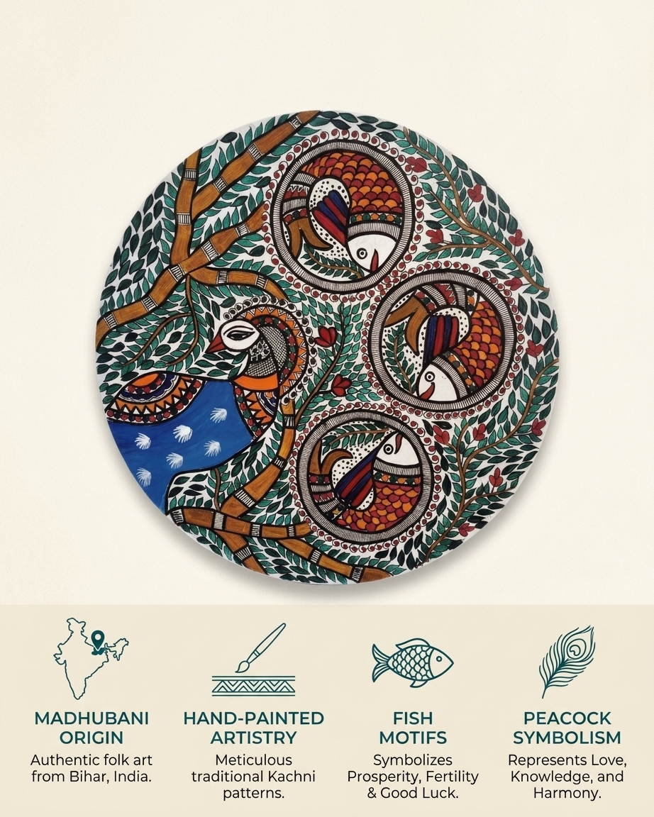 Peacock and Fish Madhubani Wall Art on MDF Board – Handmade Mithila Painting for Home Decor