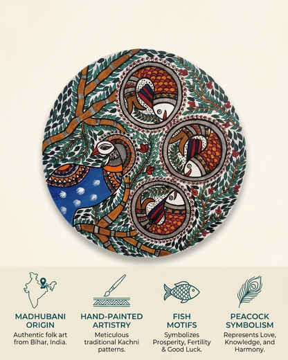 Handmade Peacock Fish Madhubani Wall Art for Home Decor