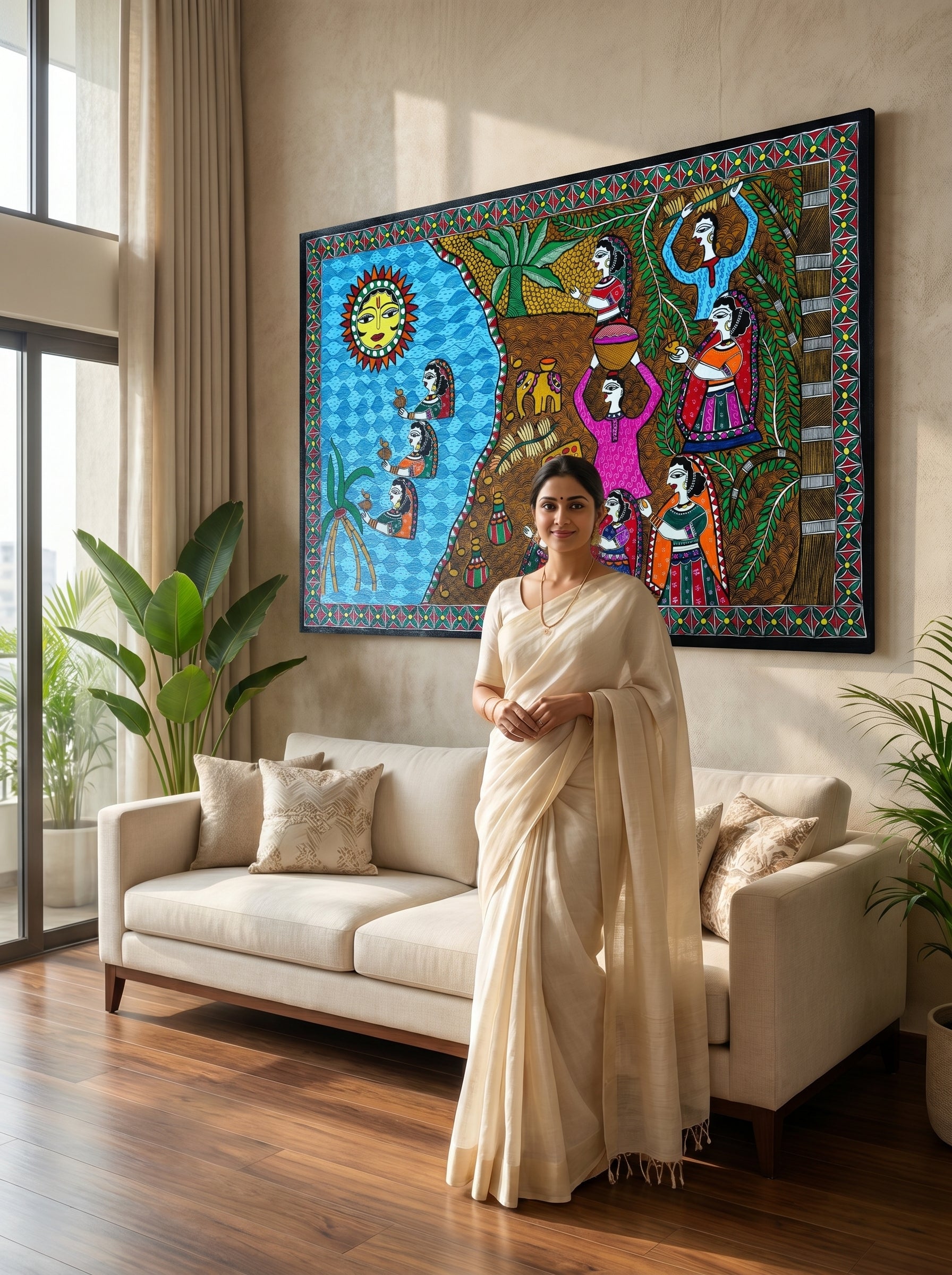 Hand-Painted Chhath Puja Madhubani Painting  – Traditional Indian Folk Art Wall Decor