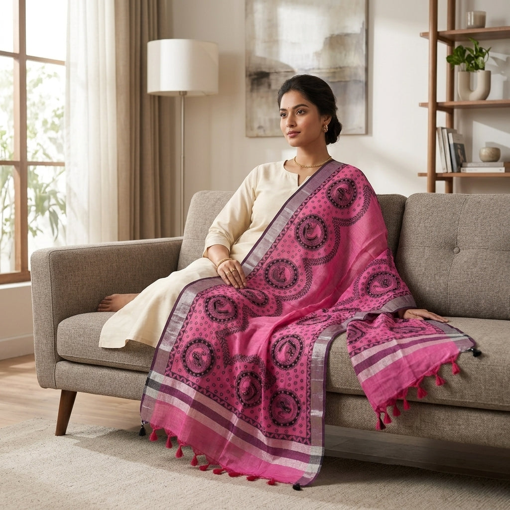 Handmade Madhubani Painting Dupatta for Women – Traditional Handcrafted Ethnic