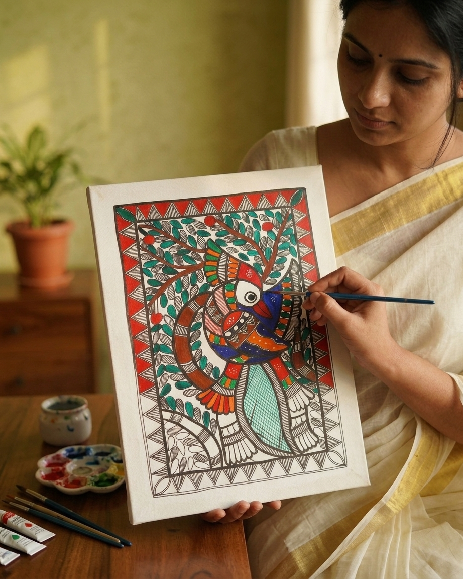 Peacock Madhubani Painting Framed A4 –Wall Art Decor