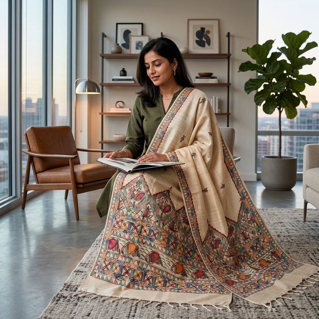 Handmade Madhubani Painting Dupatta for Women | Traditional Ethnic