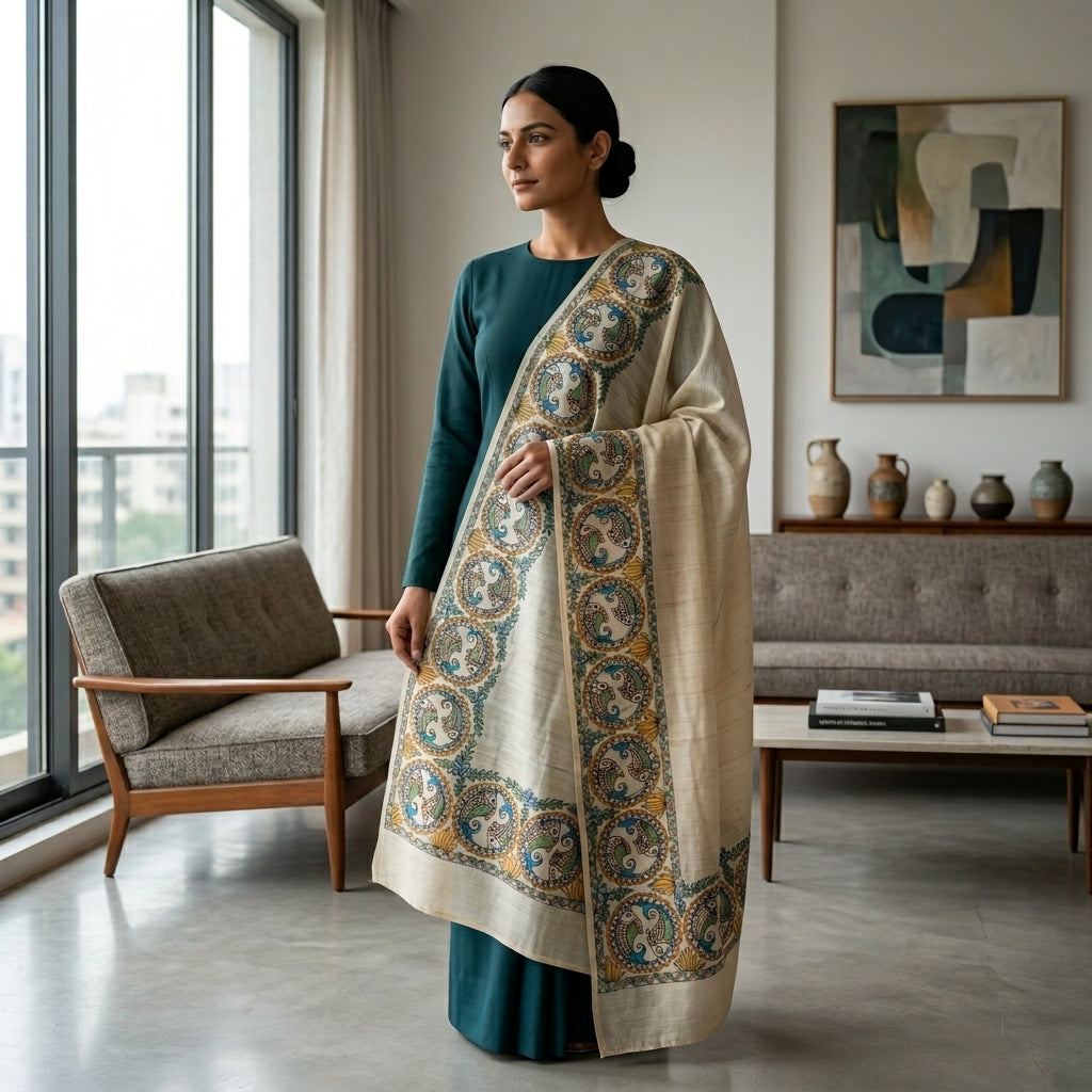Handmade Madhubani Painting  Dupatta for Women – Ethnic Handcrafted