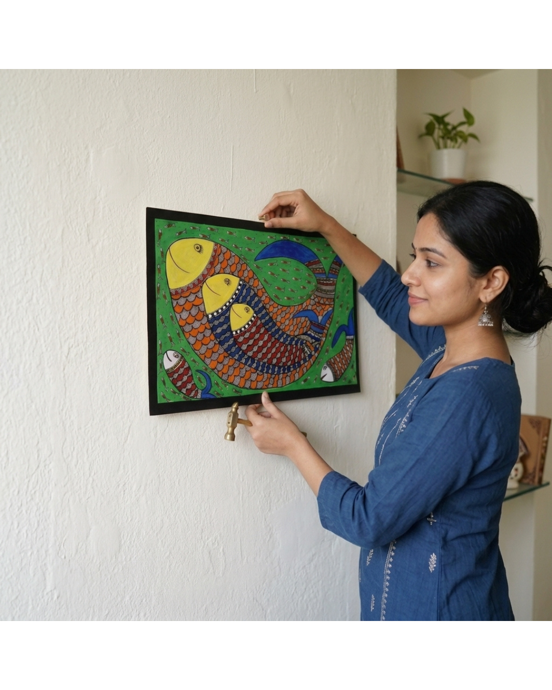 Fish Madhubani Painting on Handmade Paper (14x22 Inch) – Traditional Mithila Folk Art Wall Decor