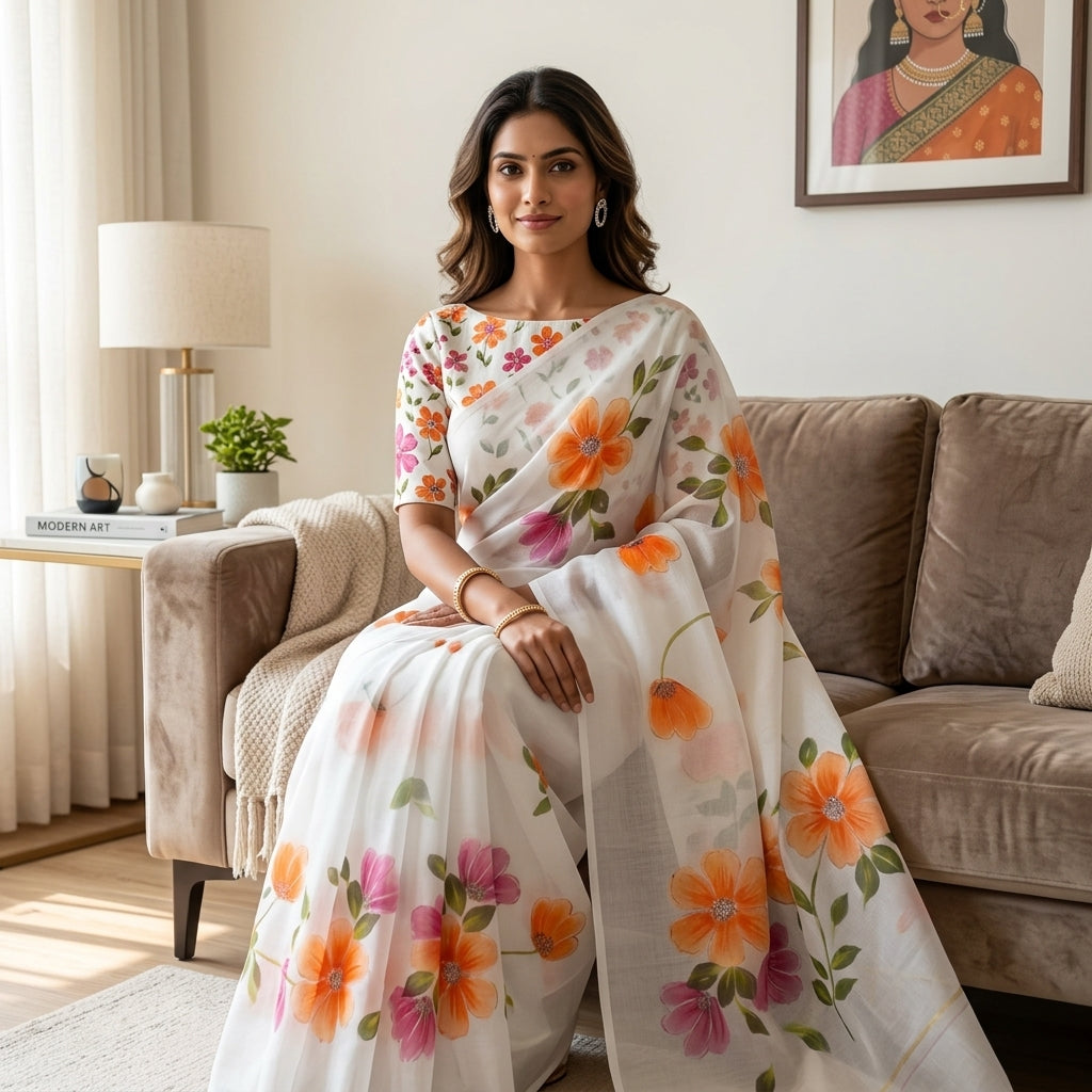 Floral Handmade Madhubani Painting Saree with Blouse  | Hand-Painted Mithila Art Saree for Women