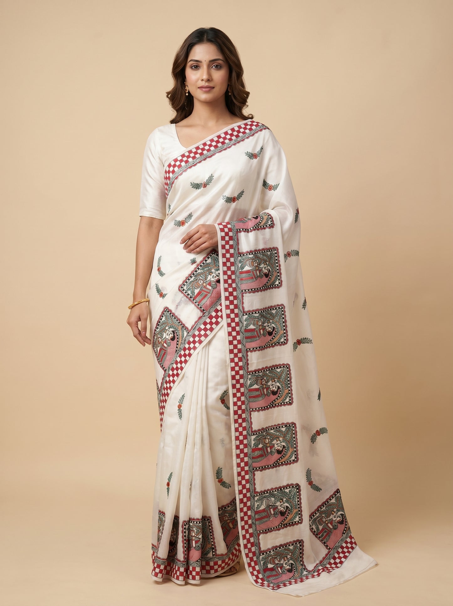 White Handmade Madhubani Painting Saree with Blouse