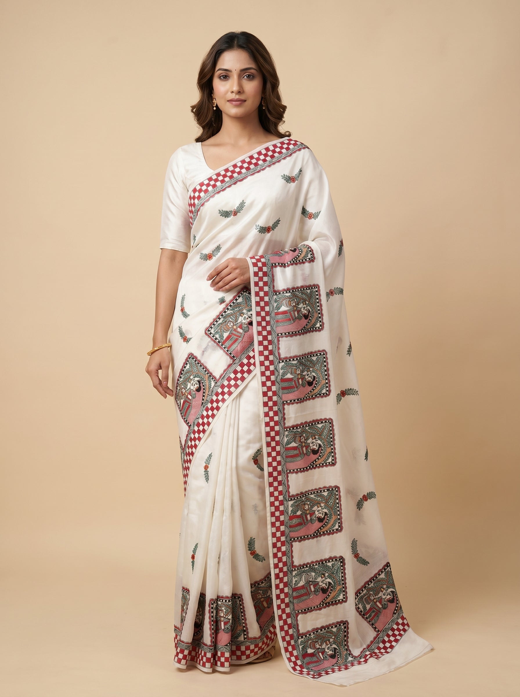 White Handmade Madhubani Painting Saree with Blouse