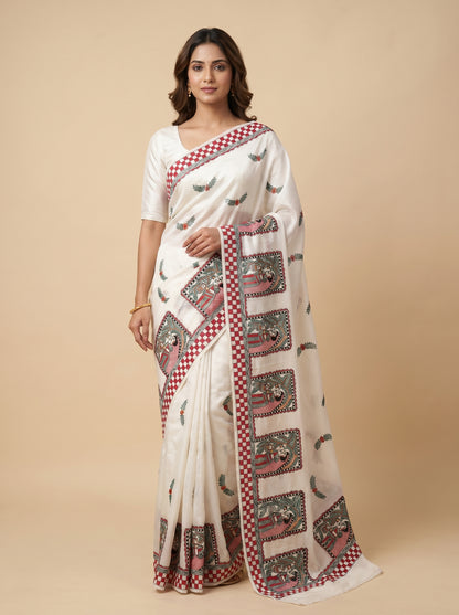 White Handmade Madhubani Painting Saree with Blouse