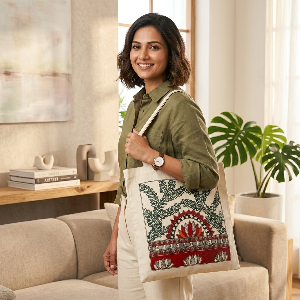 Madhubani Painting Tote Bag – Handmade Art Bag for Shopping, Travel & Daily Use
