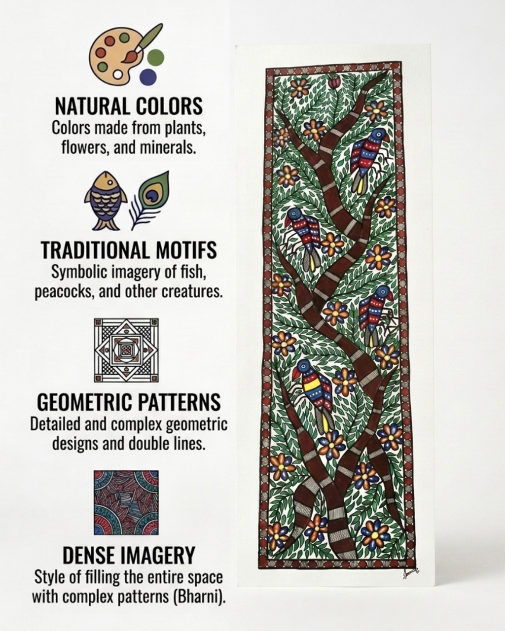 Tree of Life Madhubani Painting with Birds | Handmade Wall Art