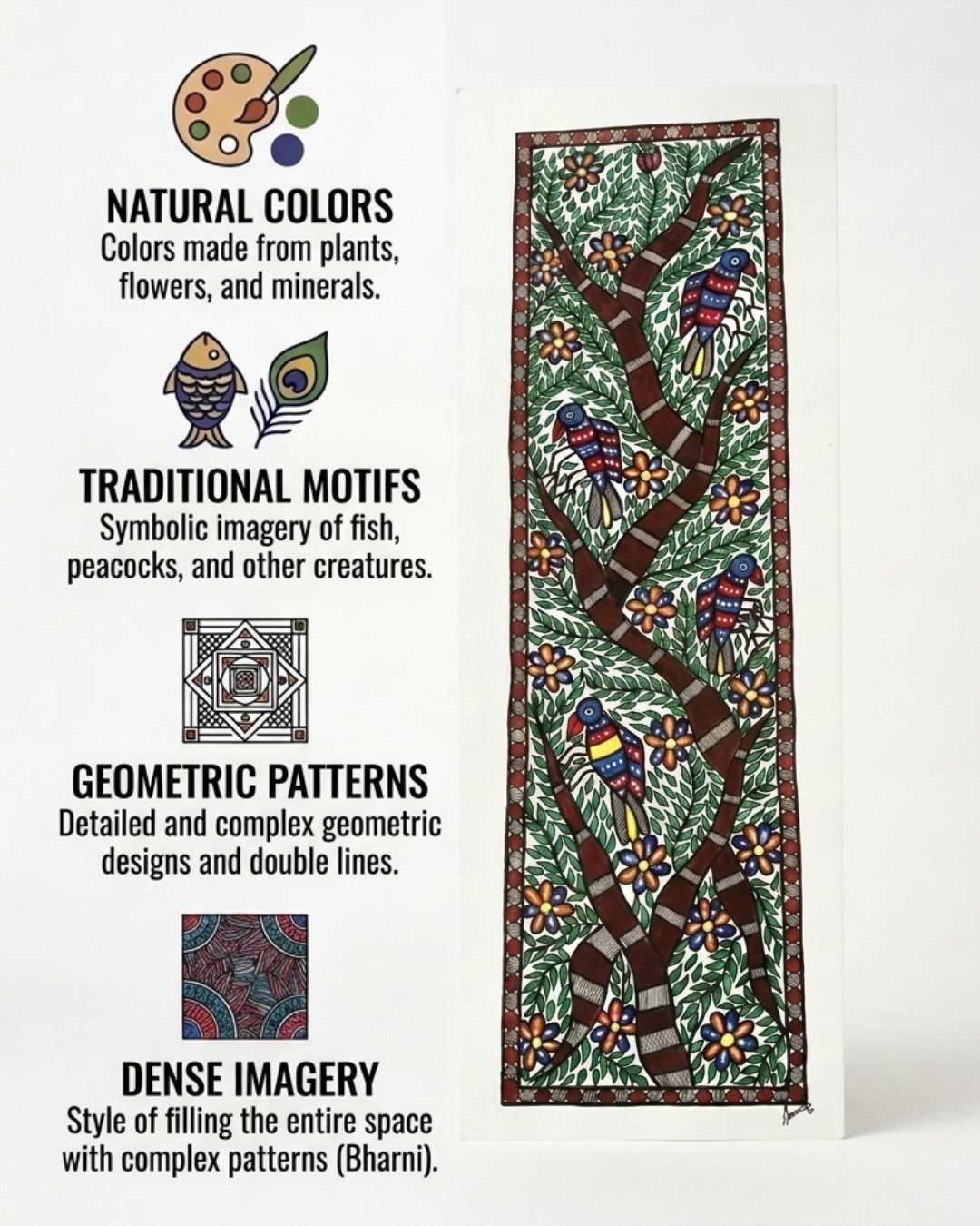 Tree of Life Madhubani Painting with Birds | Handmade Wall Art