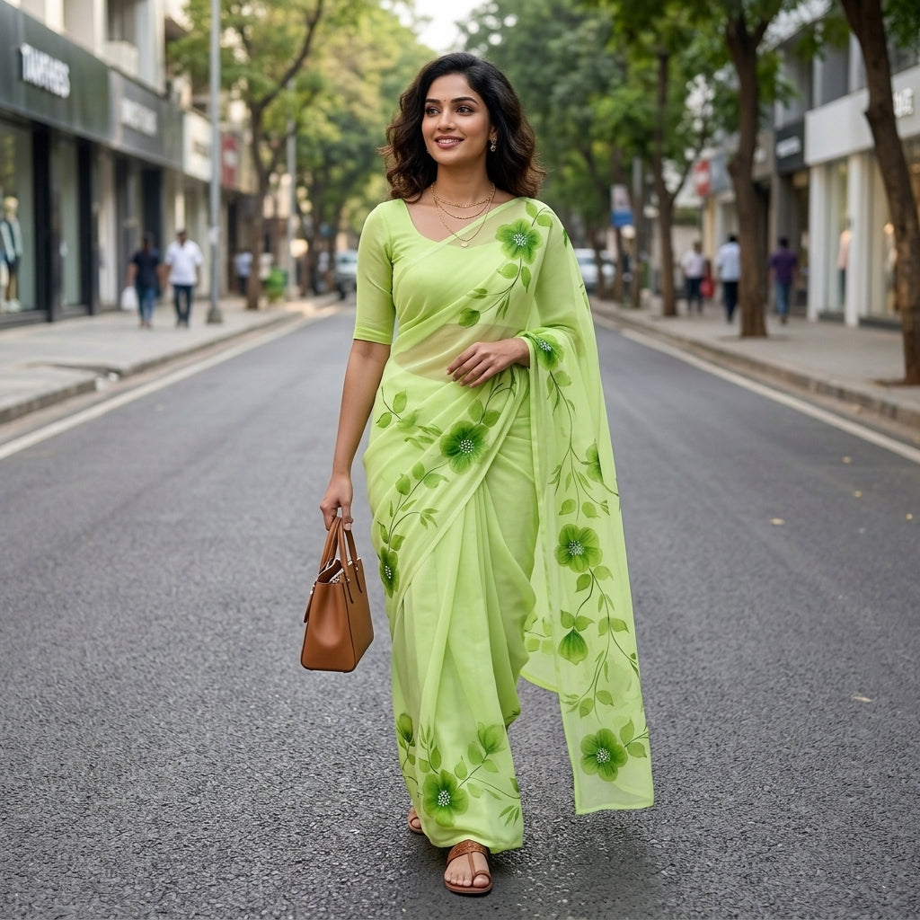 Pista Green Floral Handmade Madhubani Painting Saree with Blouse