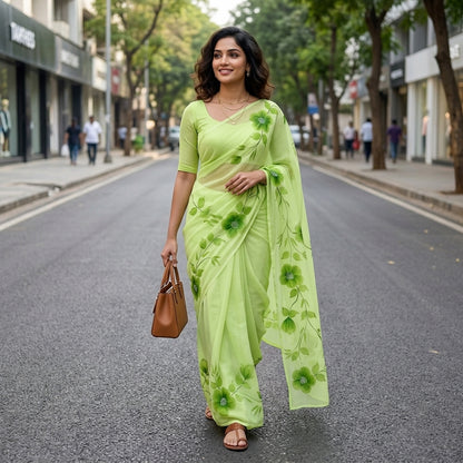 Pista Green Floral Madhubani Saree with Blouse