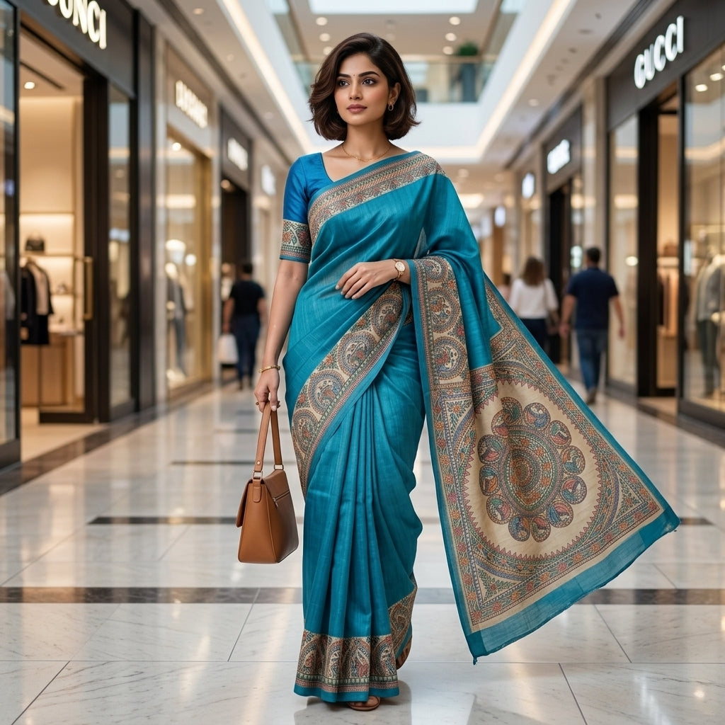 Bright Blue Handmade Madhubani Painting Saree with Blouse