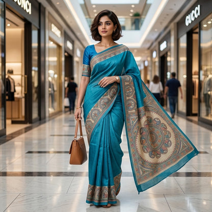 Bright Blue Handmade Madhubani Painting Saree with Blouse