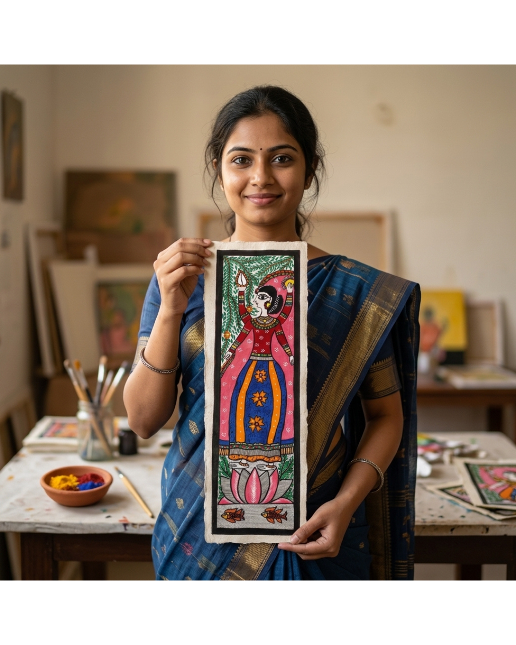 Mata Laxmi Madhubani Painting on Handmade Paper (10x30 Inch) – Traditional Mithila Folk Art Wall Decor
