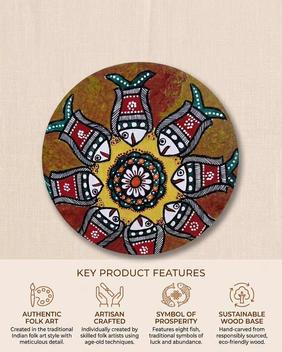 Fish Madhubani Wall Art on MDF Board – Handmade Mithila Painting for Home Decor