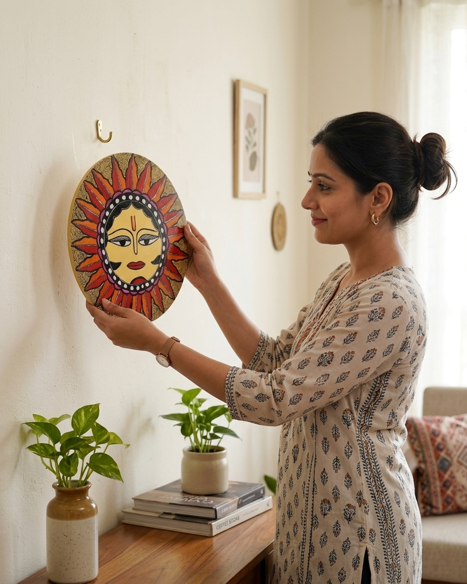 Handmade Lord Surya Madhubani Painting Wall Art on MDF Board  – Traditional Mithila Art Decor