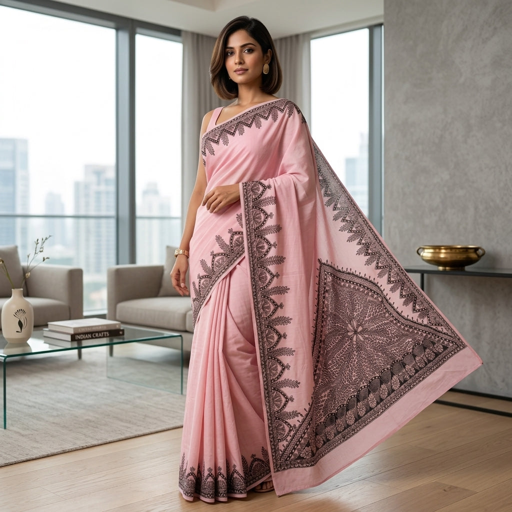Handmade Madhubani Painting Saree with Blouse for Women