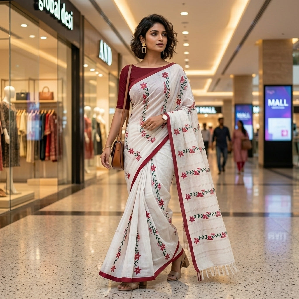 Red & White Floral Handmade Madhubani Painting Saree with Blouse