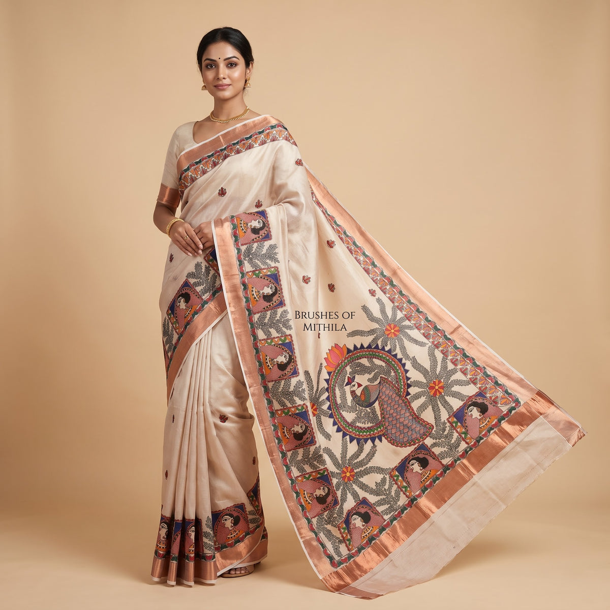Light Beige Handmade Madhubani Painting Saree