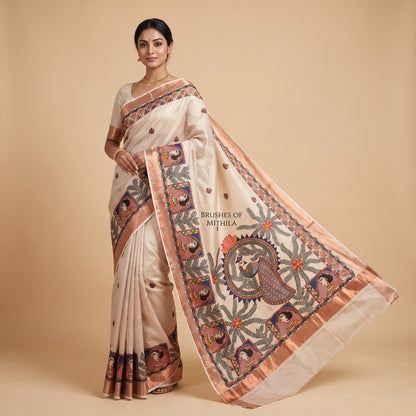 Light Beige Handmade Madhubani Painting Saree