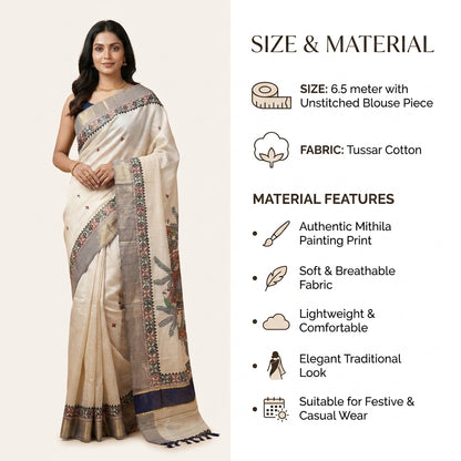 Light Cream Handmade Madhubani Painting Saree for Women