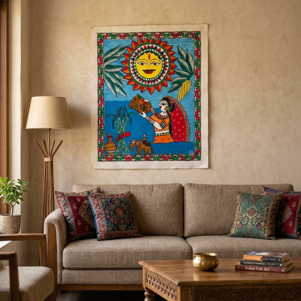 Chhath Puja Madhubani Painting – Handmade Traditional Indian Wall Art