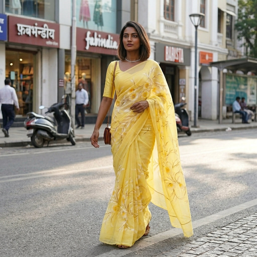 Light Yellow Floral Handmade Madhubani Painting Saree with Blouse