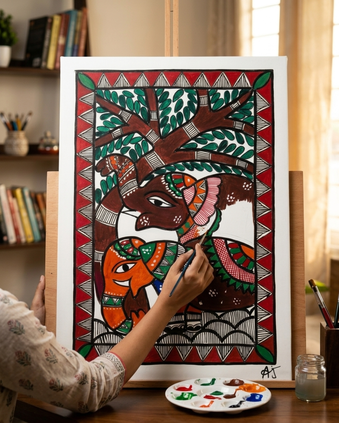 Elephant Madhubani Painting Framed A4 – Wall Art Decor