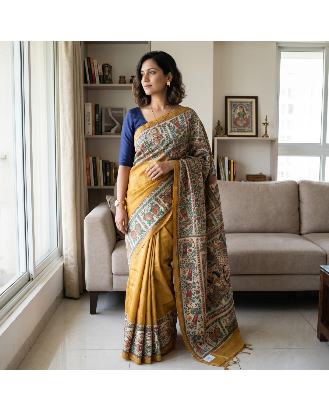 Handmade Madhubani Painting Saree with Blouse | Hand-Painted Ethnic Saree for Women
