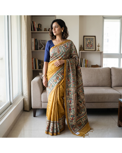 Handmade Madhubani Painting Saree with Blouse for Women