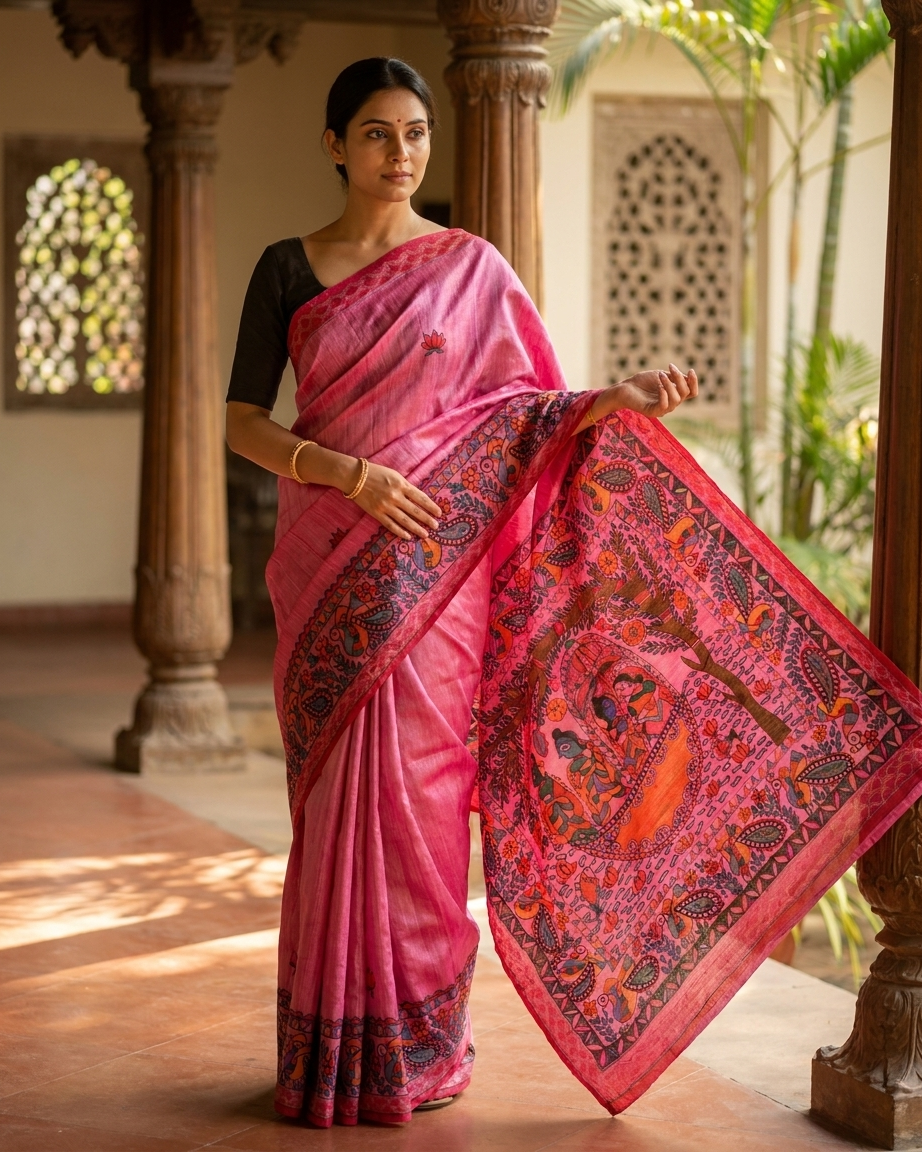 Handmade Madhubani Painting Saree with Blouse | Ethnic Saree