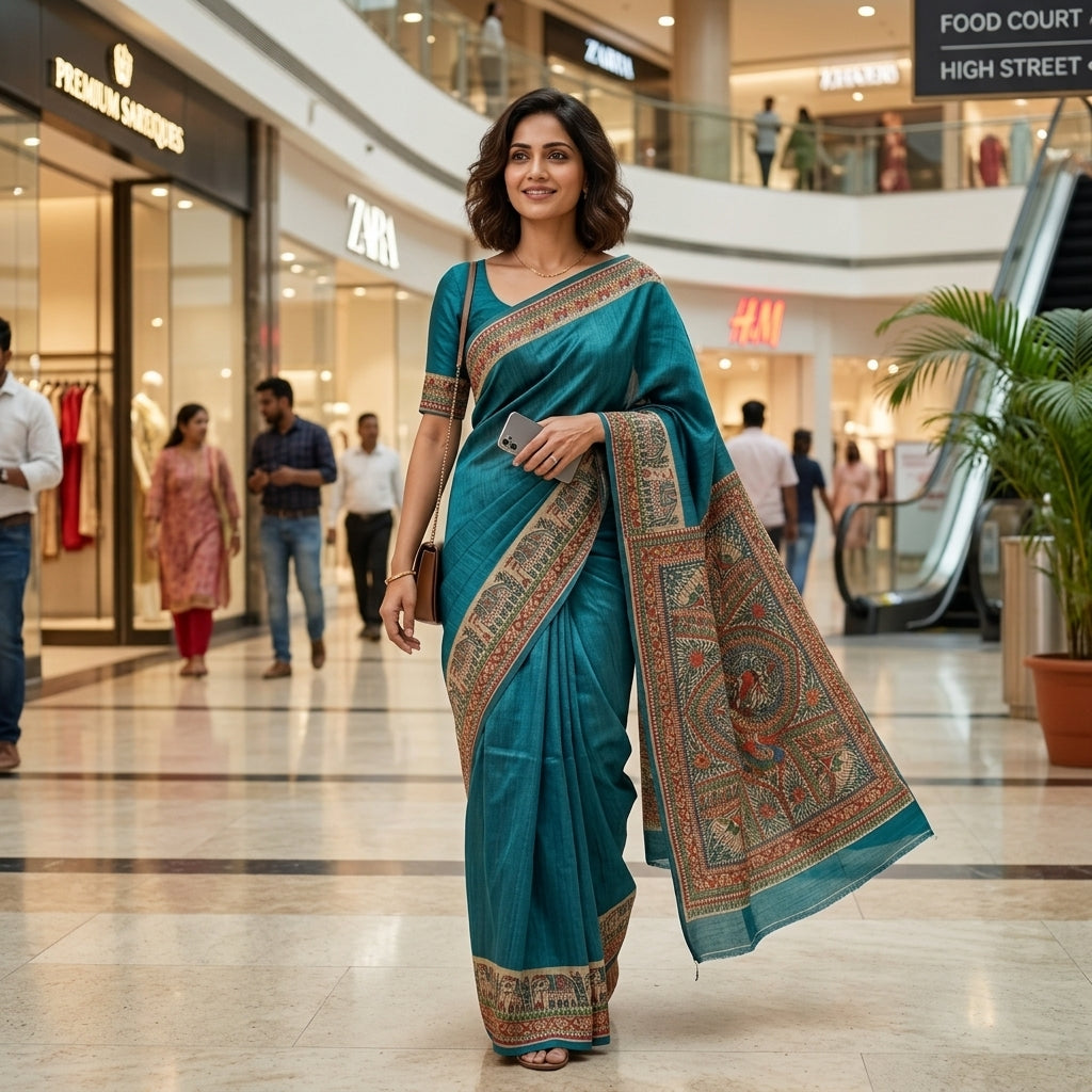 Traditional Blue Handmade Madhubani Painting Saree with Blouse