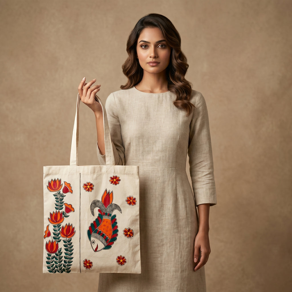 Hand-Painted Madhubani Painting Tote Bag – Ethnic Carry Bag