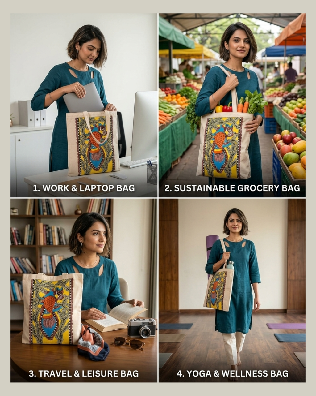 Handcrafted Madhubani Painting Tote Bag –  Eco-Friendly Shopping & Everyday Carry Bag