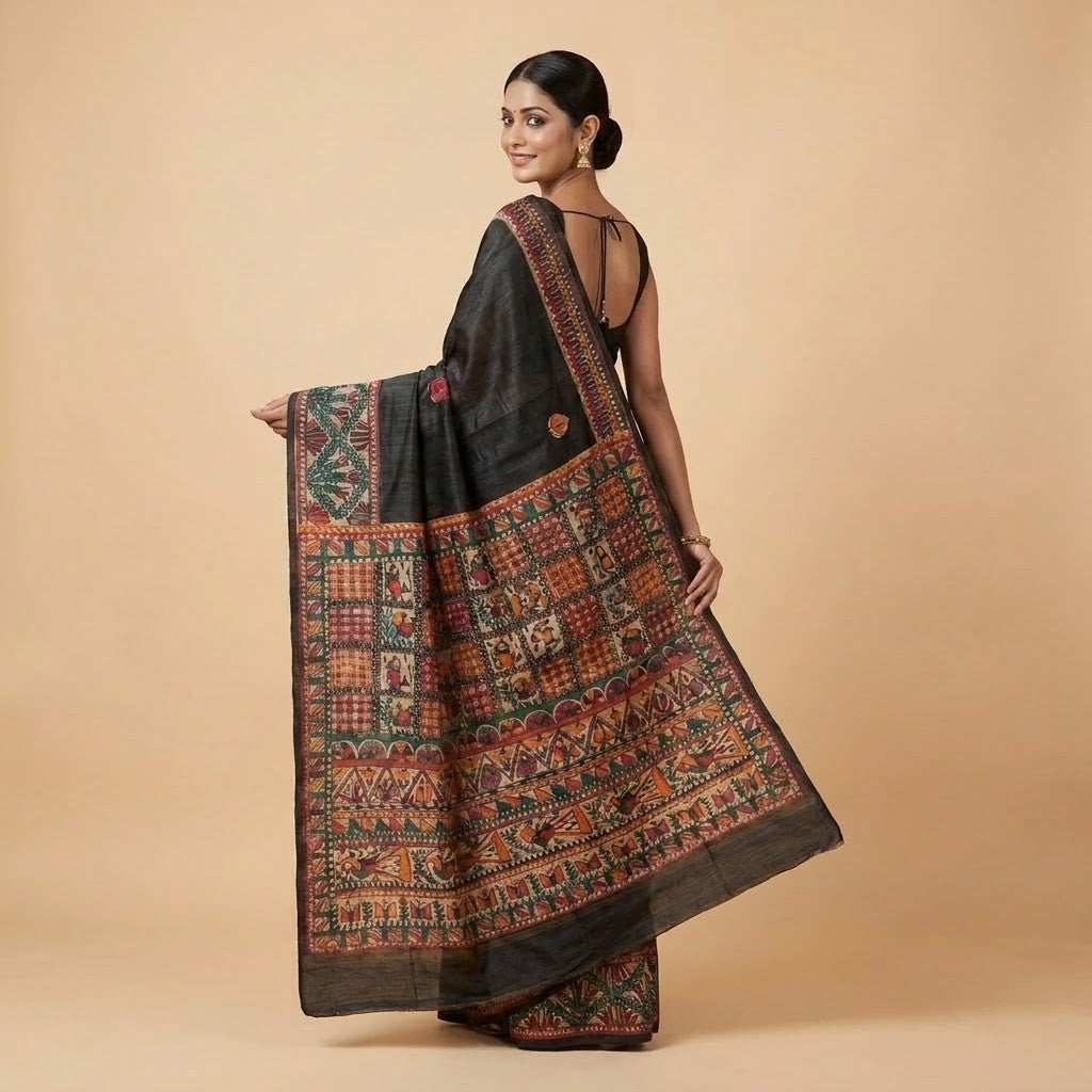 Black Handmade Madhubani Painting Saree with Blouse