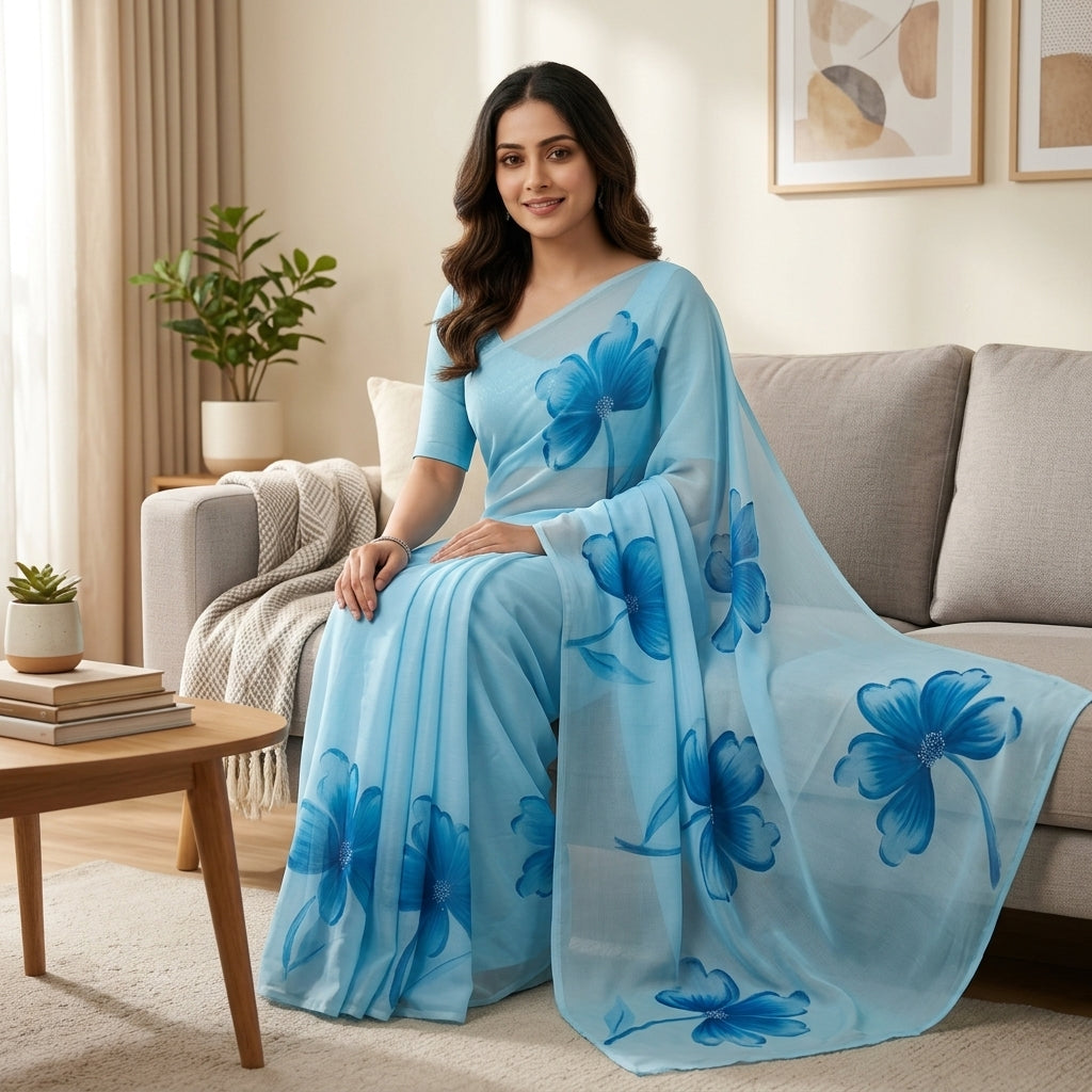 Sky Blue Floral Handmade Madhubani Painting Saree with Blouse – Handcrafted Mithila Art