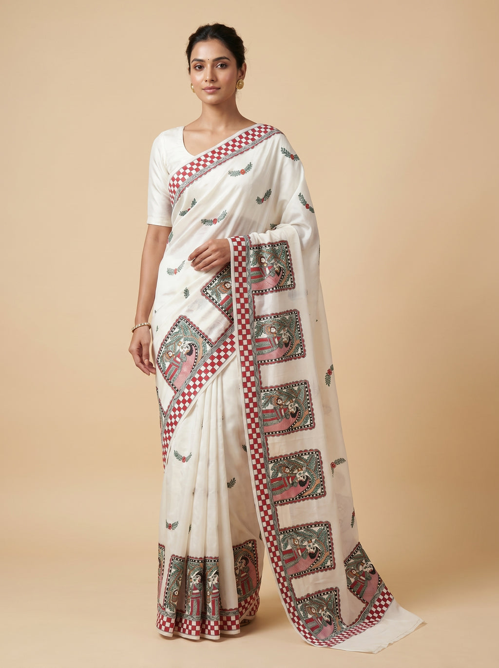 White Handmade Madhubani Painting Saree with Blouse