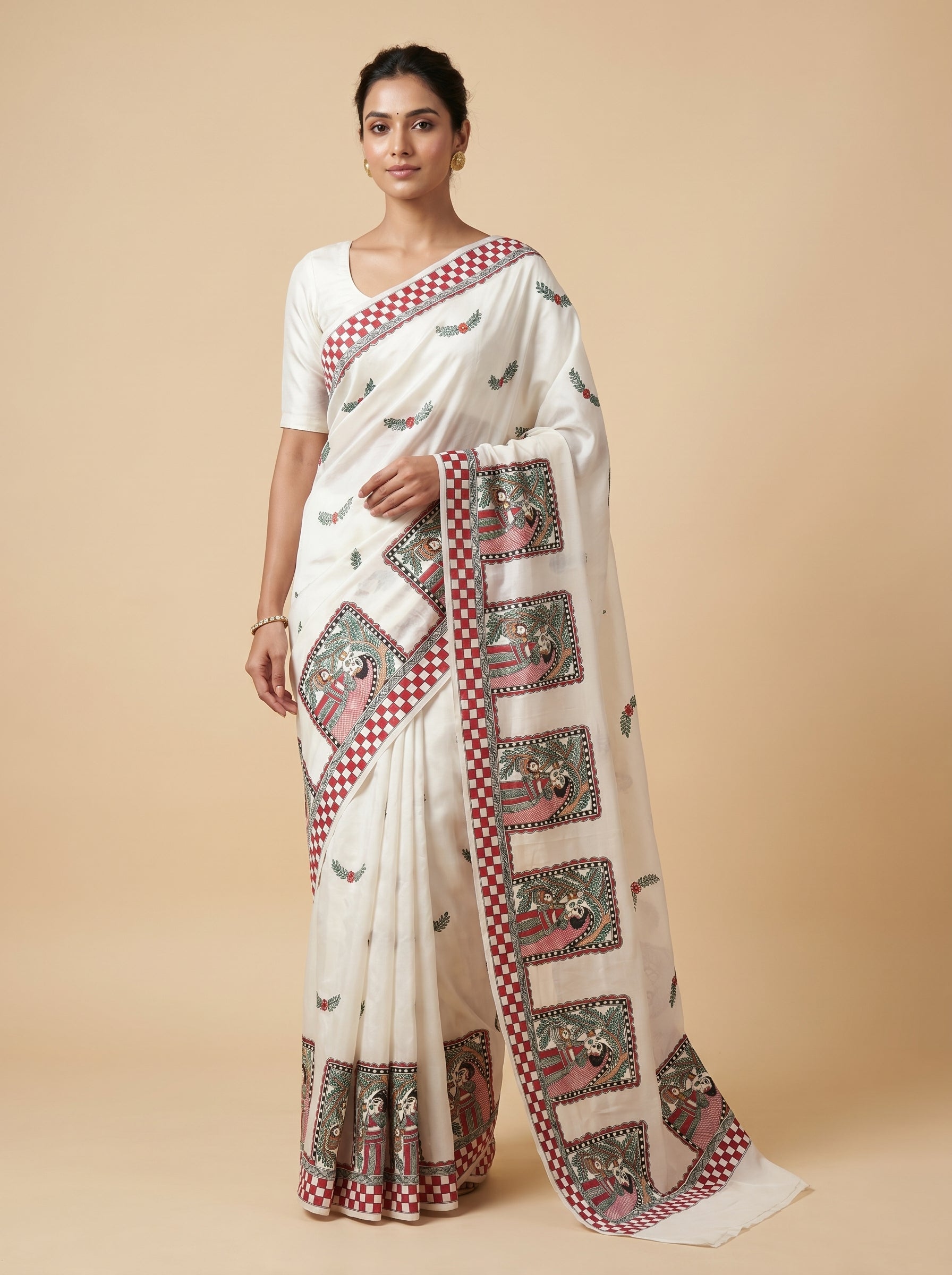 White Handmade Madhubani Painting Saree with Blouse