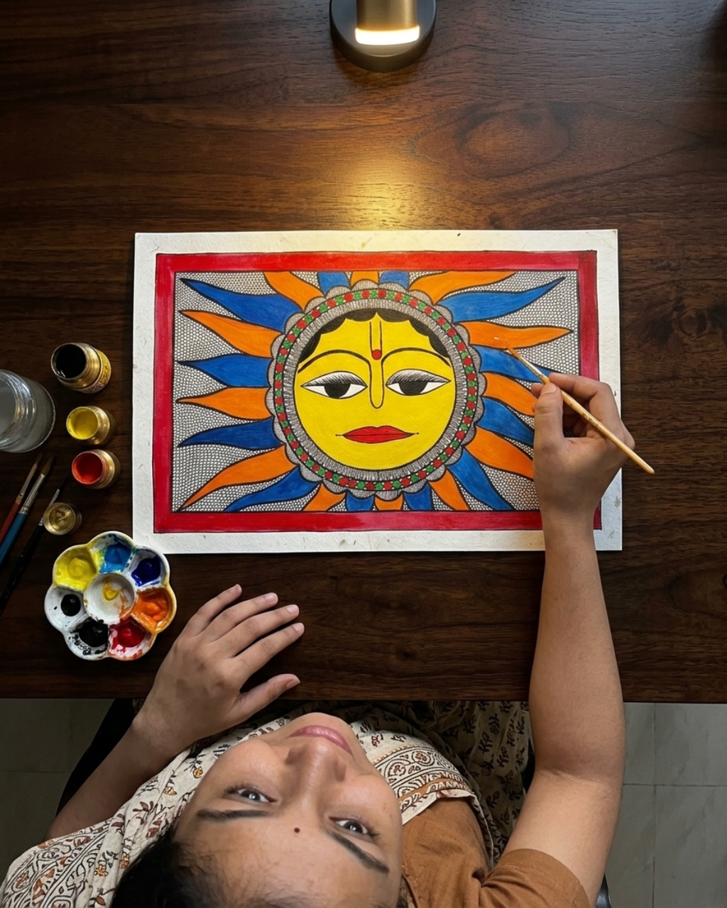 Sun Madhubani Painting on Handmade Paper (14x22 Inch) – Traditional Mithila Folk Art Wall Decor