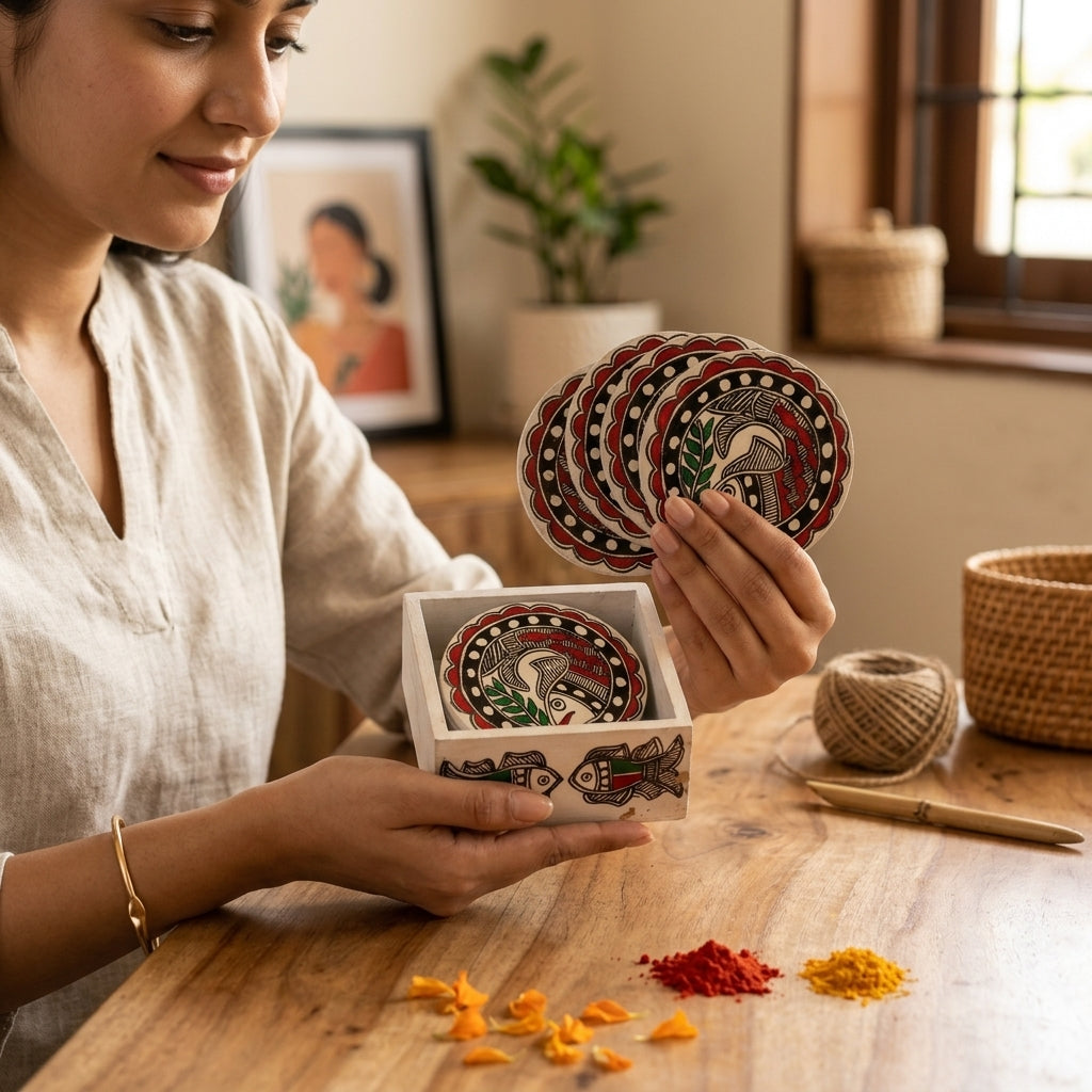 Handmade Fish Design Madhubani Coaster Set with Stand | Tea Coasters Set of 6