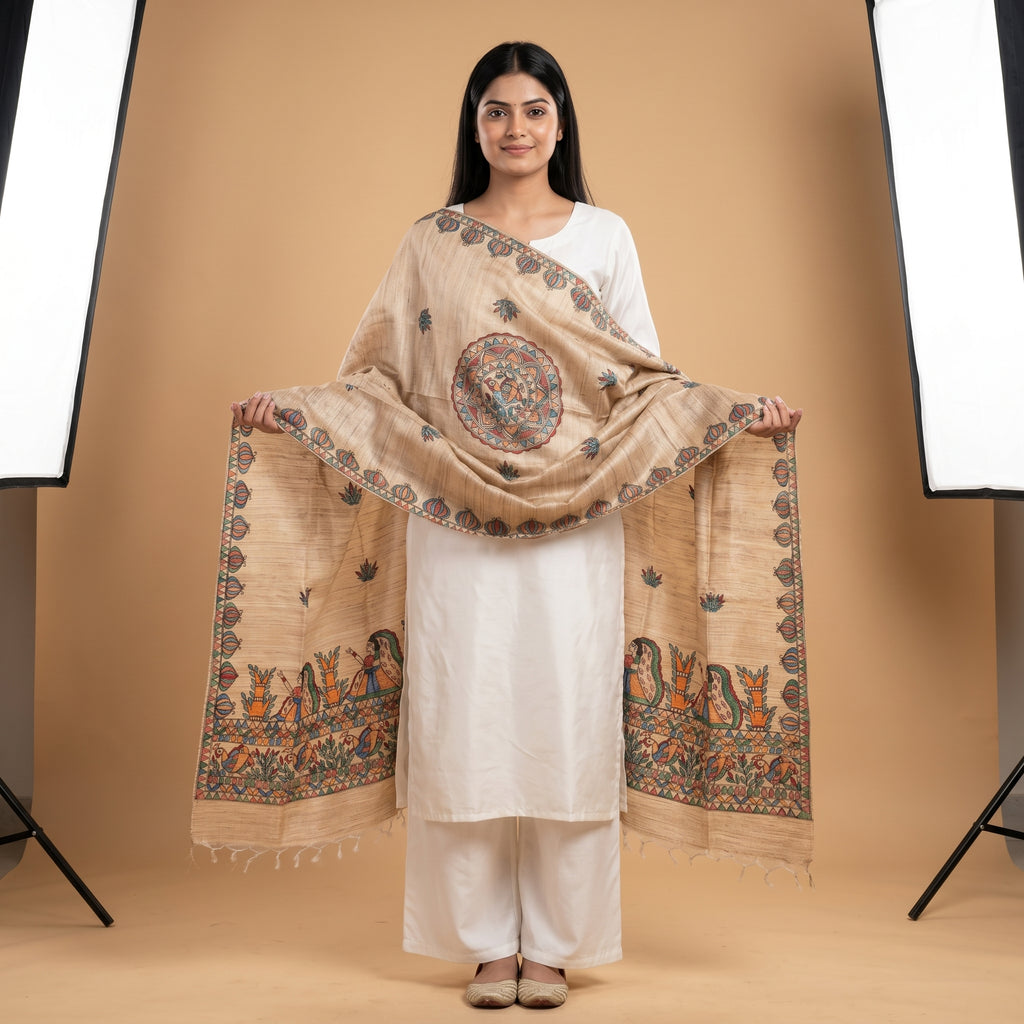 Handmade Madhubani Painting Dupatta | Ethnic Hand-Painted Dupatta